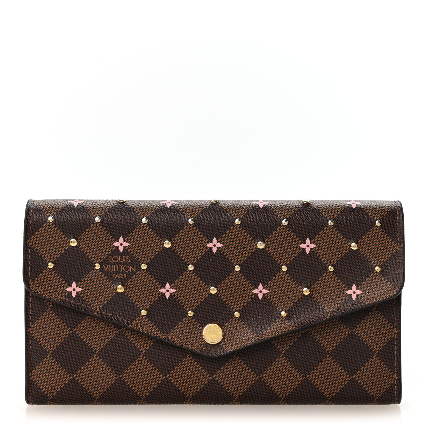 Louis Vuitton Damier Ebene Studded Sarah Wallet NM Rose Ballerine 1 of 9