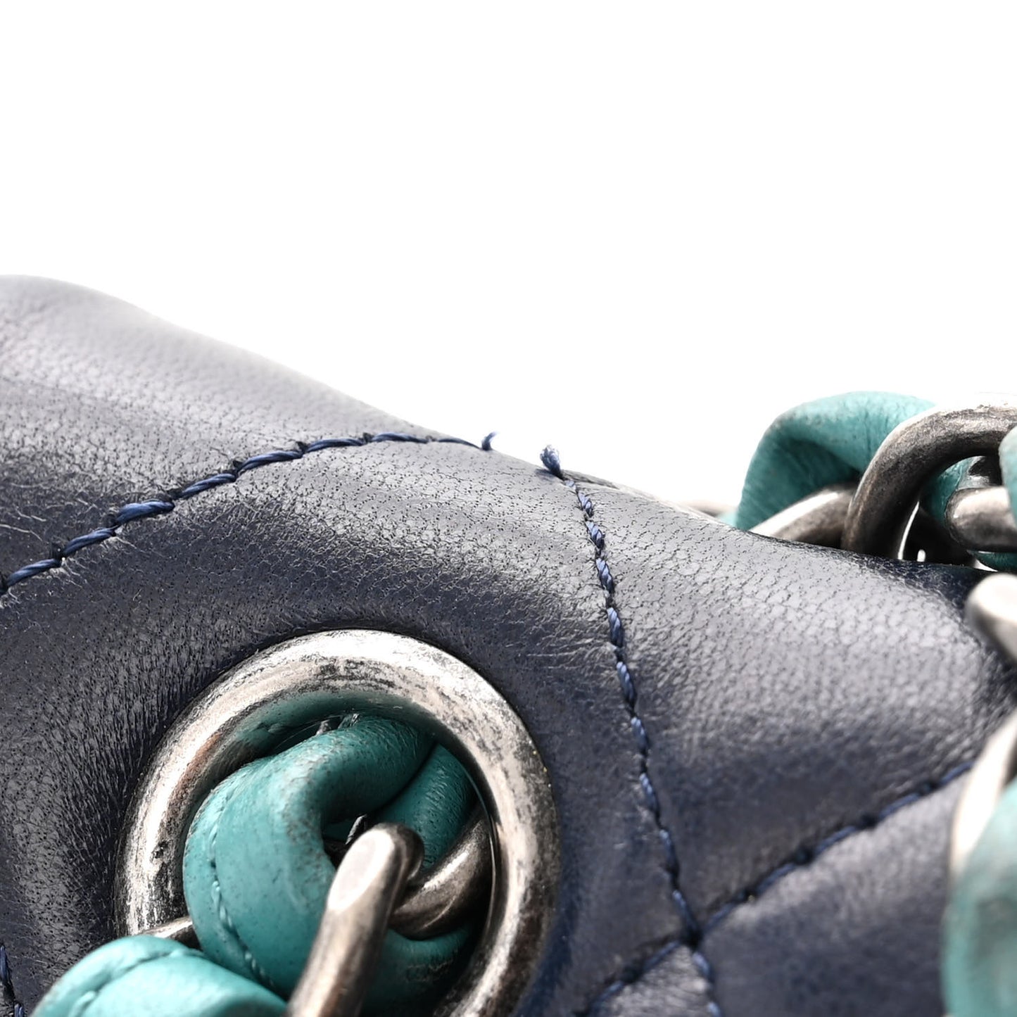 Lambskin Quilted Tri-Color Jumbo Double Flap Navy Blue Green