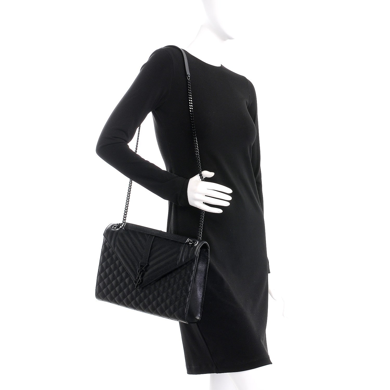 Saint Laurent Grain De Poudre Textured Mixed Matelasse Large Triquilt Monogram Monochrome Satchel Black 3 of 9