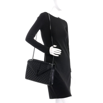 Saint Laurent Grain De Poudre Textured Mixed Matelasse Large Triquilt Monogram Monochrome Satchel Black 3 of 9
