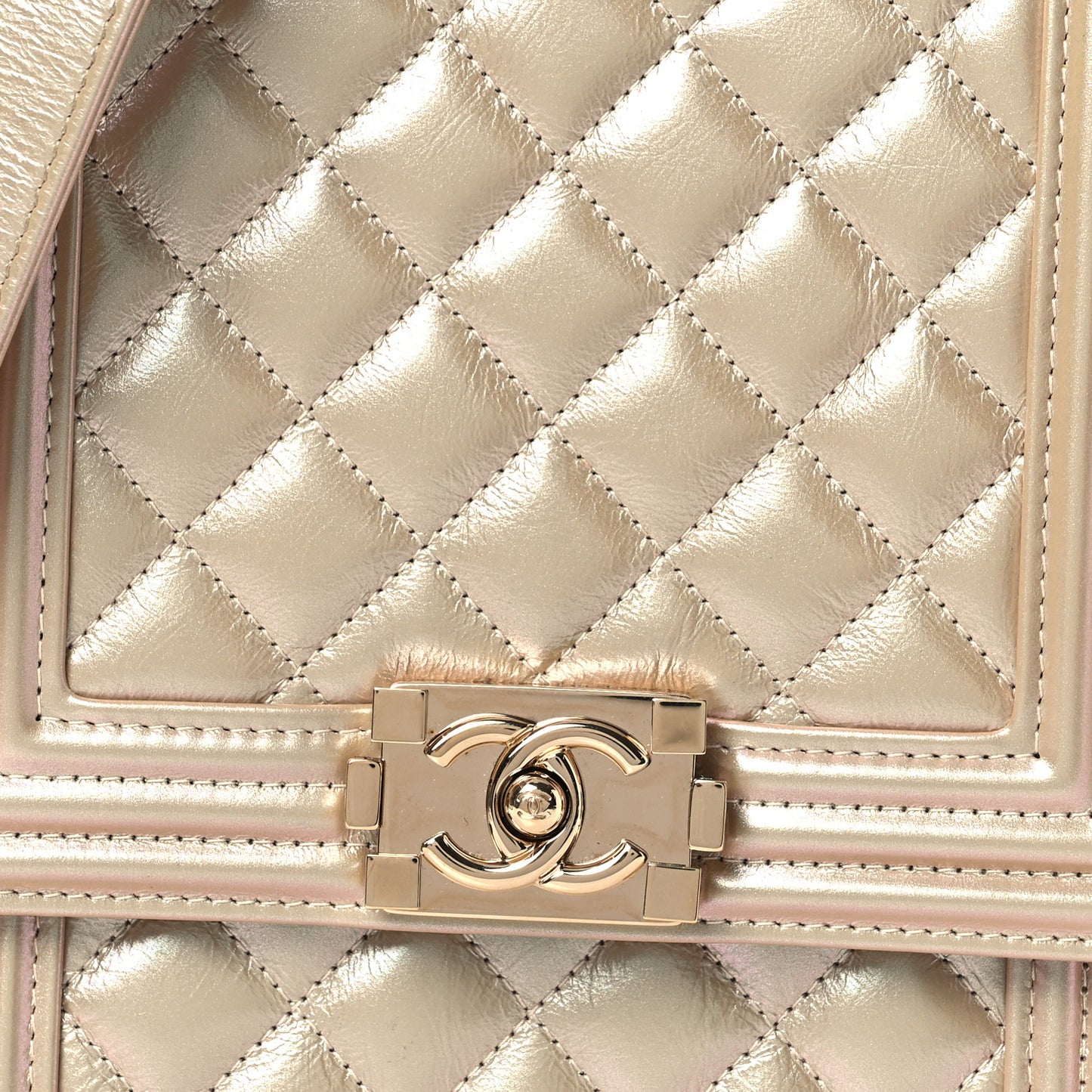 Iridescent Calfskin Quilted North South Boy Flap Beige