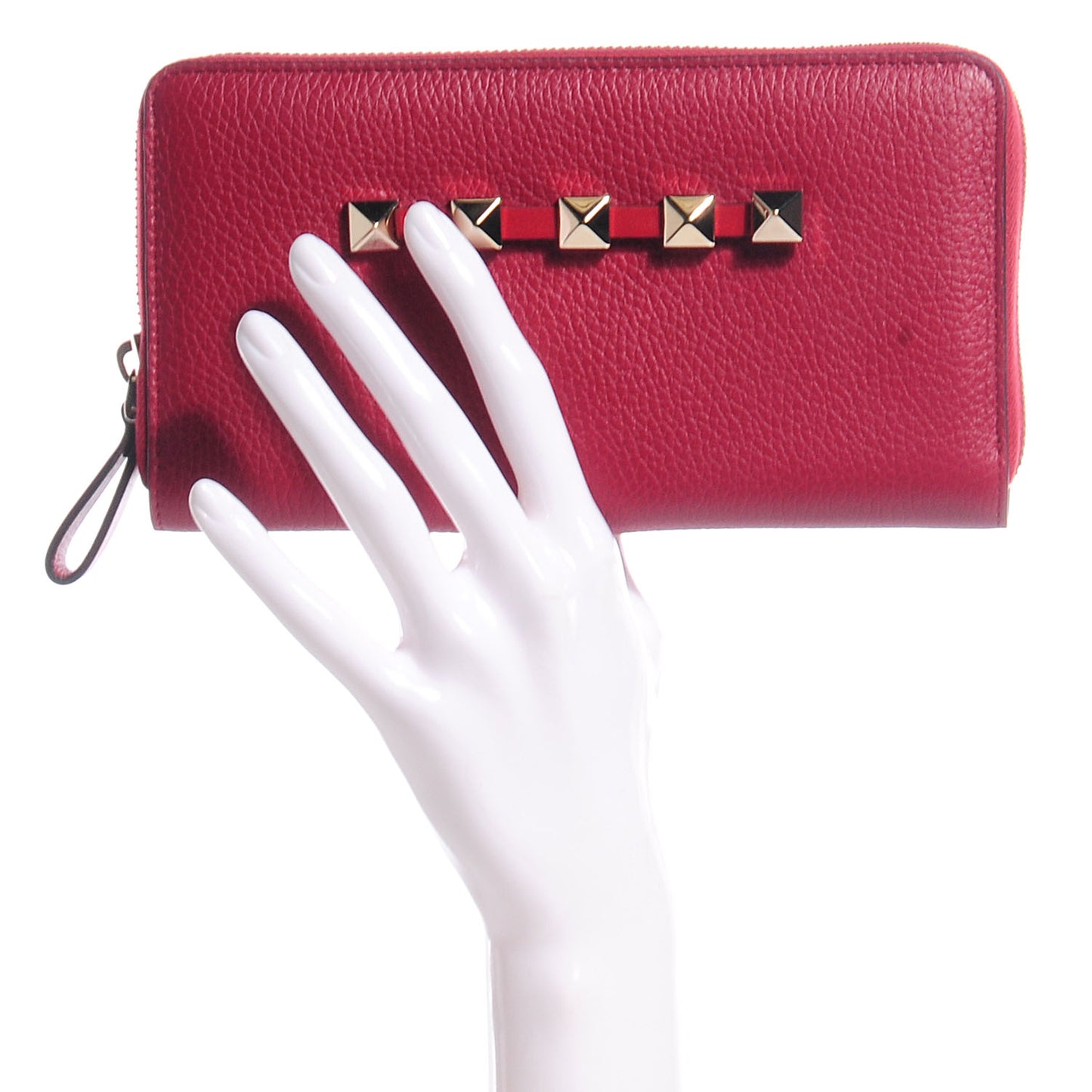 Grained Calfskin Rockstud Zip Around Wallet Scarlet