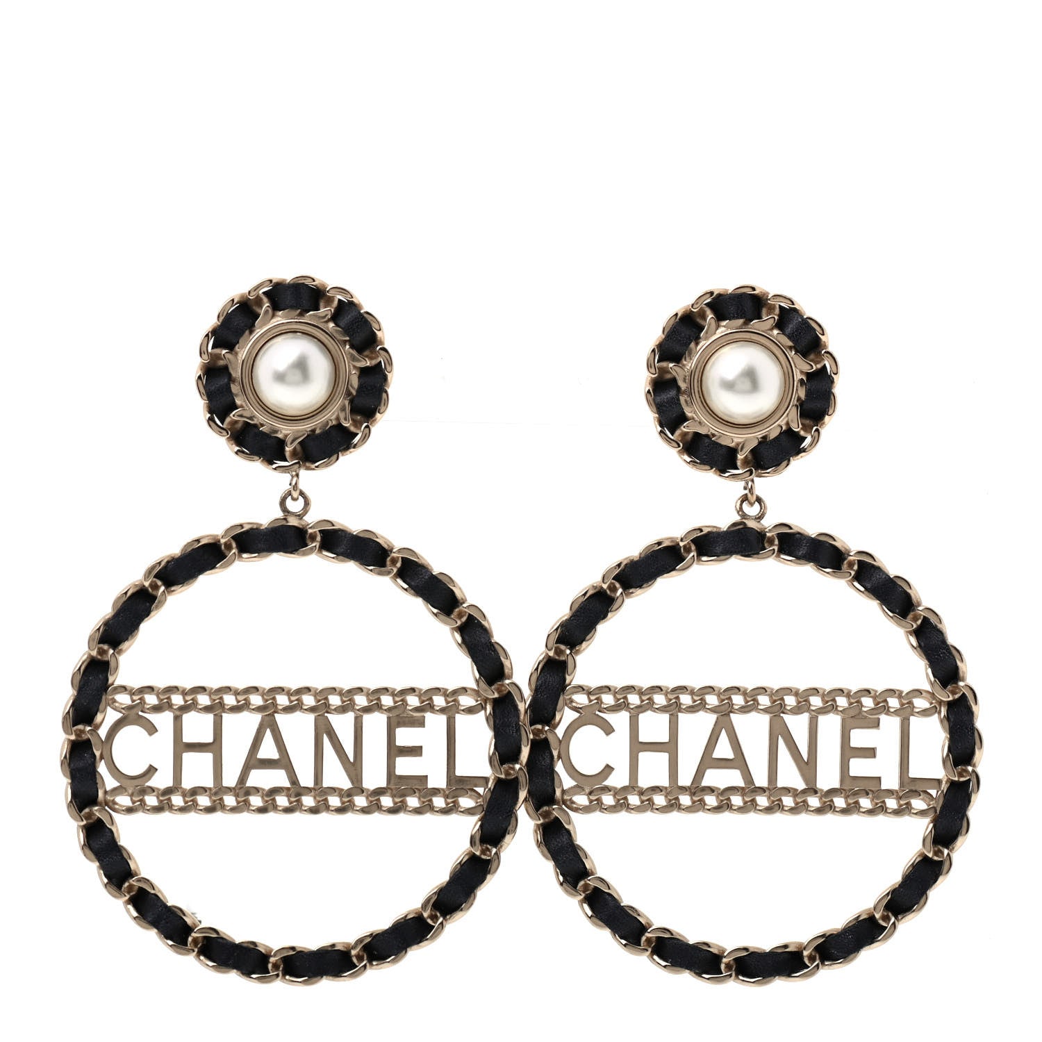 Chanel Pearl Lambskin Chain Logo Hoop Clip On Earrings Black Gold 1 of 4