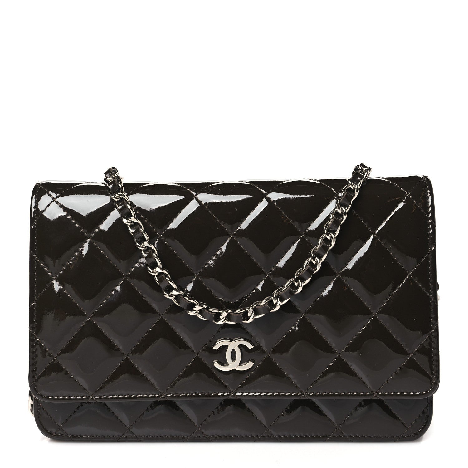 Chanel Patent Quilted Wallet On Chain WOC Dark Brown 1 of 12
