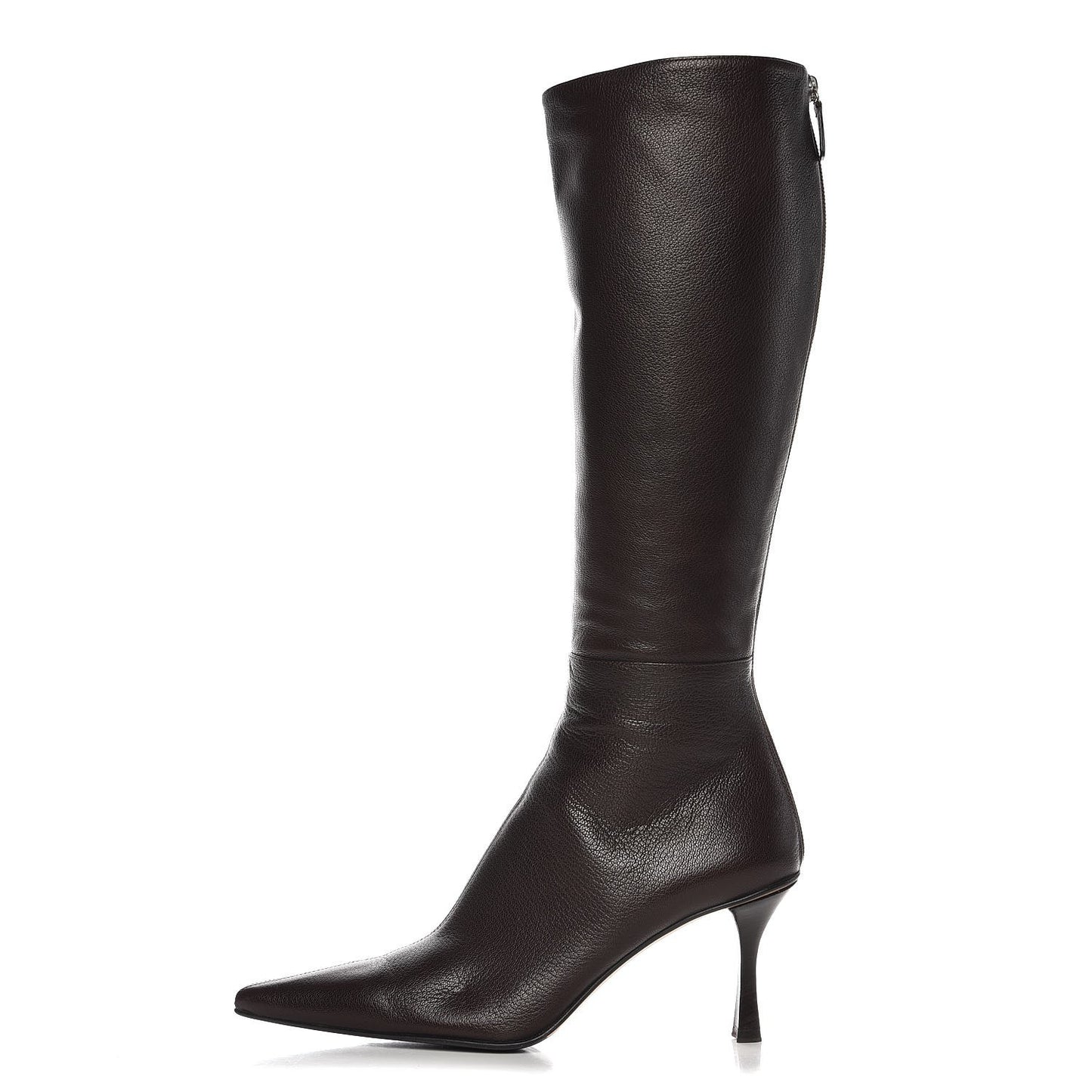 Grained Calfskin Pointed Toe Knee High Boots 8 Brown