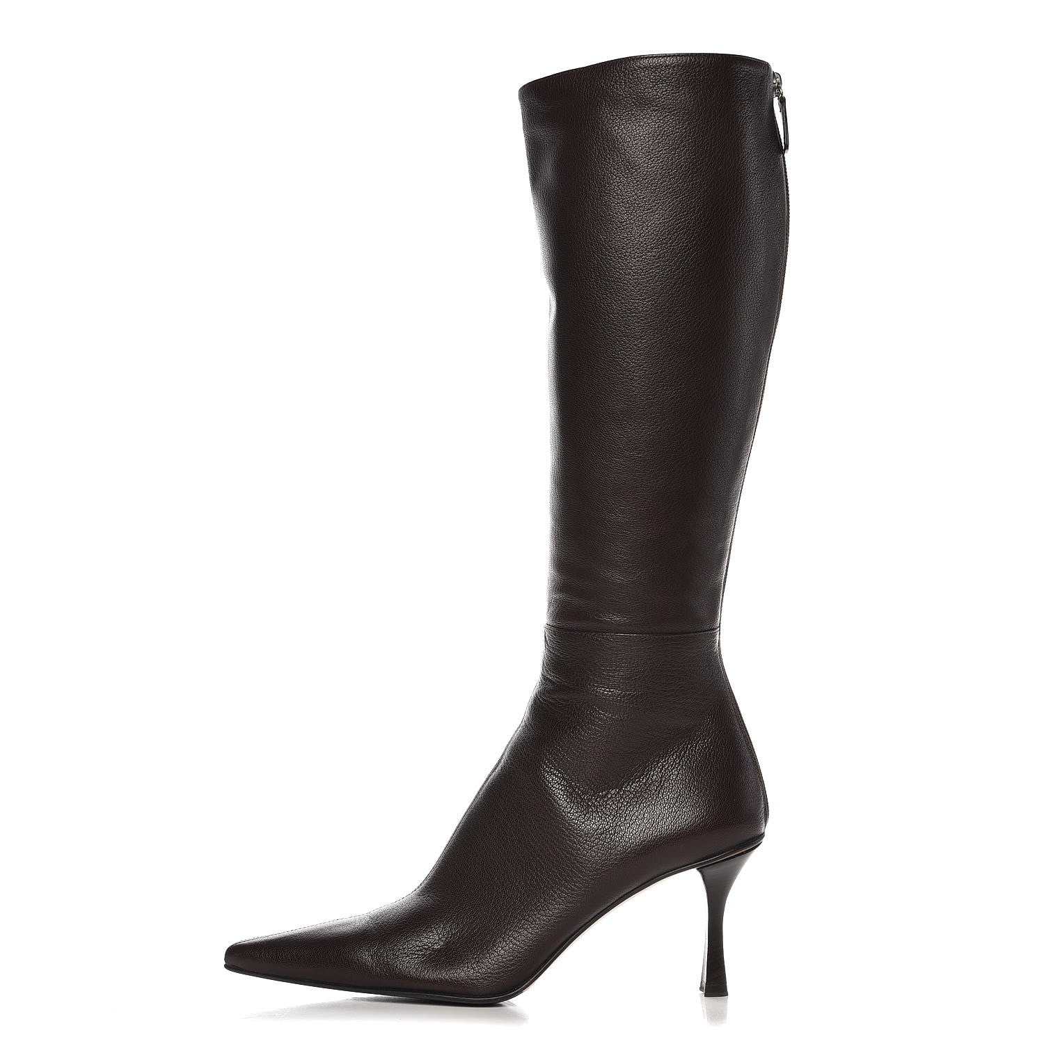 Gucci Grained Calfskin Pointed Toe Knee High Boots 8 Brown 1 of 10