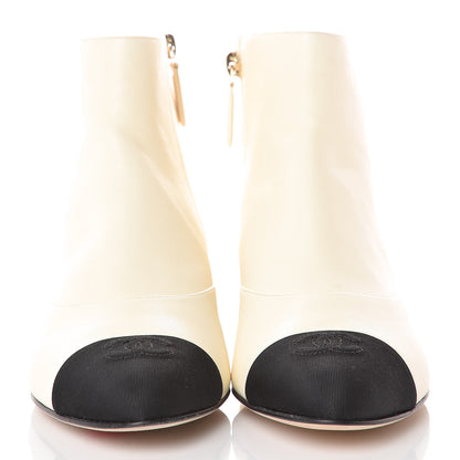 Chanel Lambskin Grosgrain Pearl Cap Toe Short Boots 37 Ivory Black 2 of 9