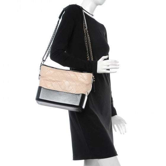 Aged Calfskin Quilted Medium Gabrielle Hobo Beige Black