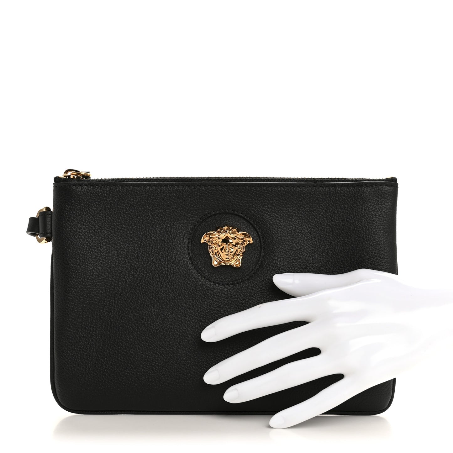 Grained Calfskin Medusa Wrist Zip Pouch Black