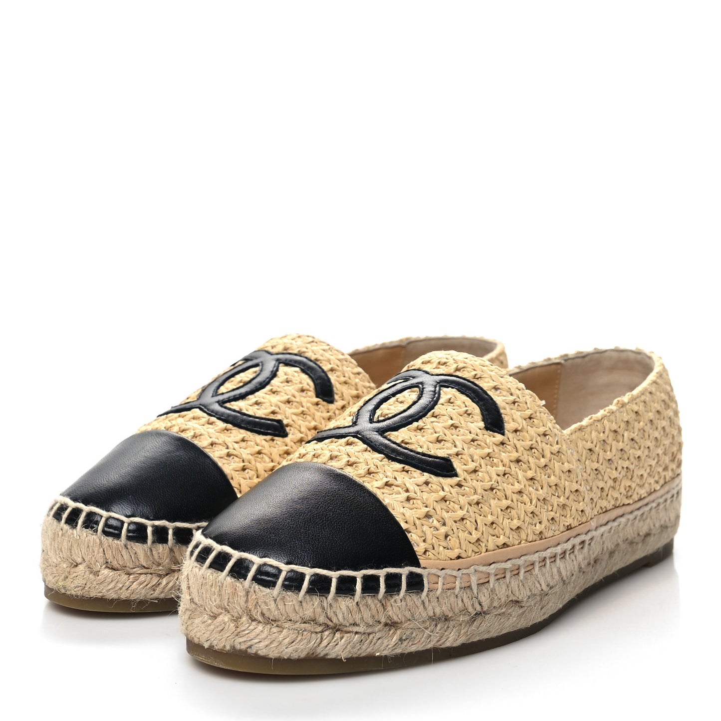 Braided Fabric Lambskin CC Espadrilles 38 Beige Black