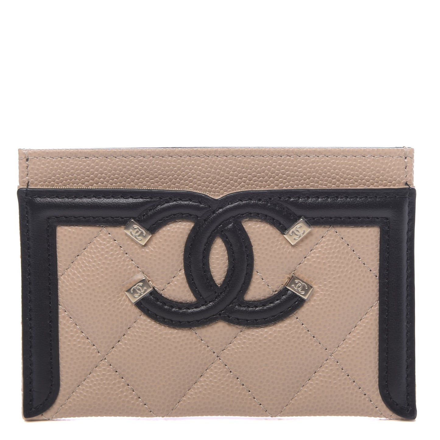 Caviar Quilted Filigree Card Holder Beige Black