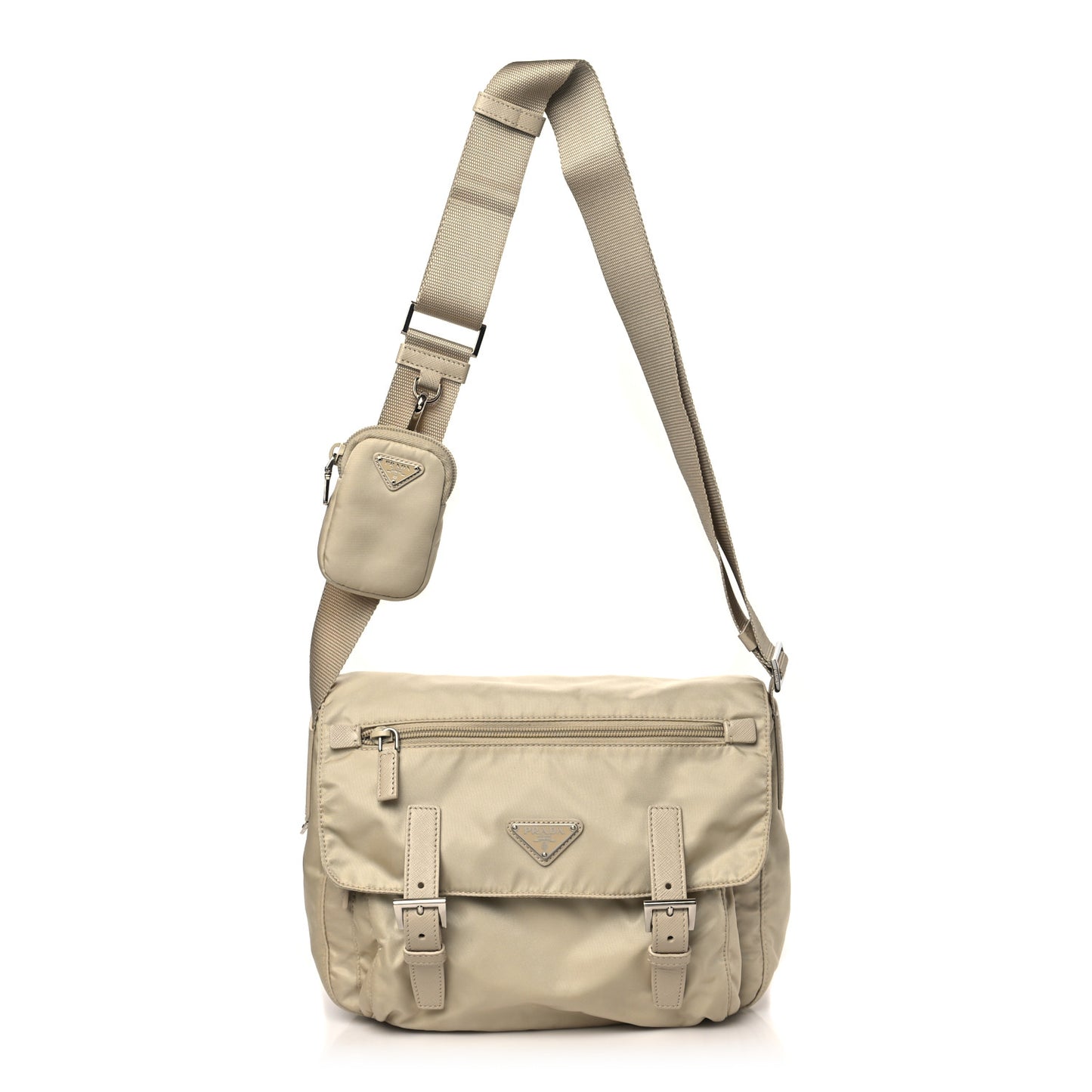 Re-Nylon Vela Saffiano Pocket Double Buckle Messenger Shoulder Bag Deserto