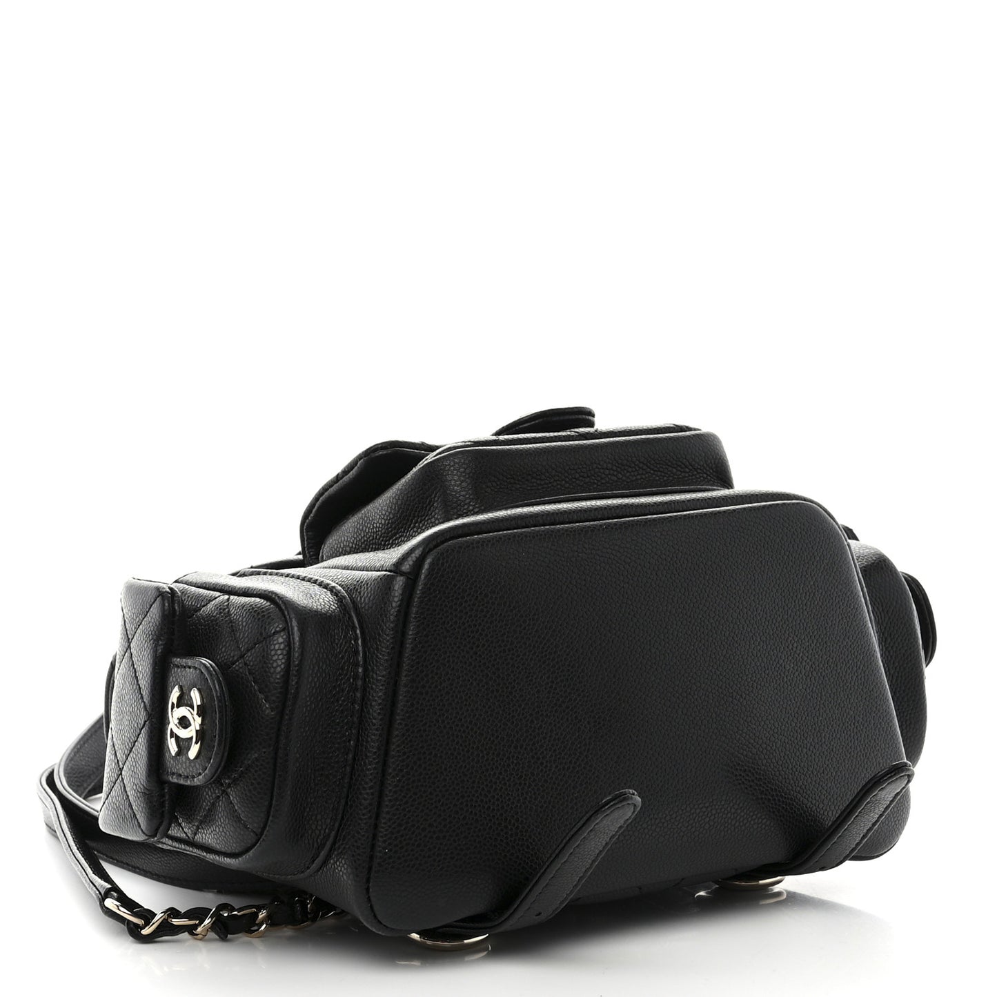 Shiny Caviar Quilted Small Pockets Drawstring Backpack Black