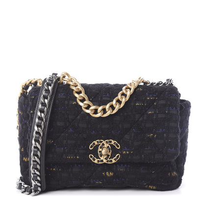 Chanel Tweed Quilted Medium 19 Flap Black Navy Gold 1 of 10