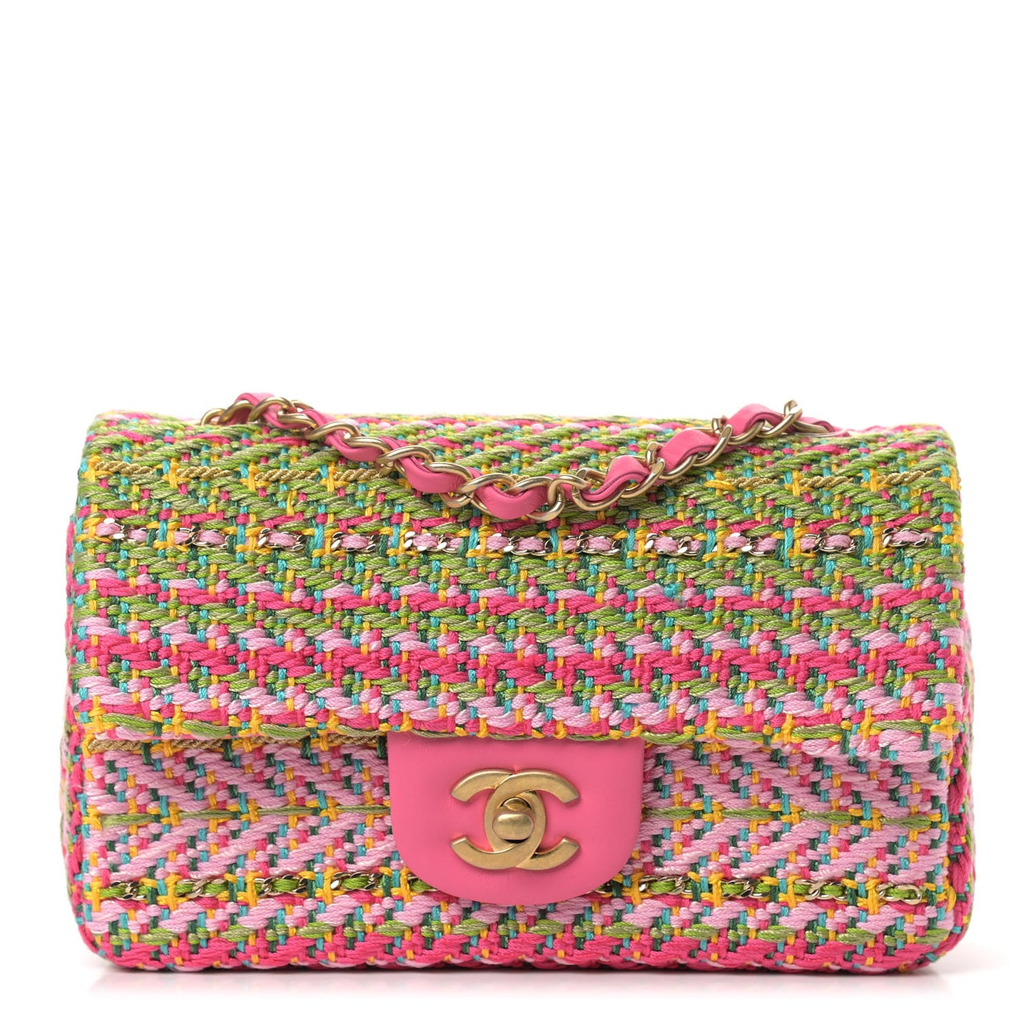 Cotton Mixed Fibers Woven Mini Rectangular Flap Pink Green