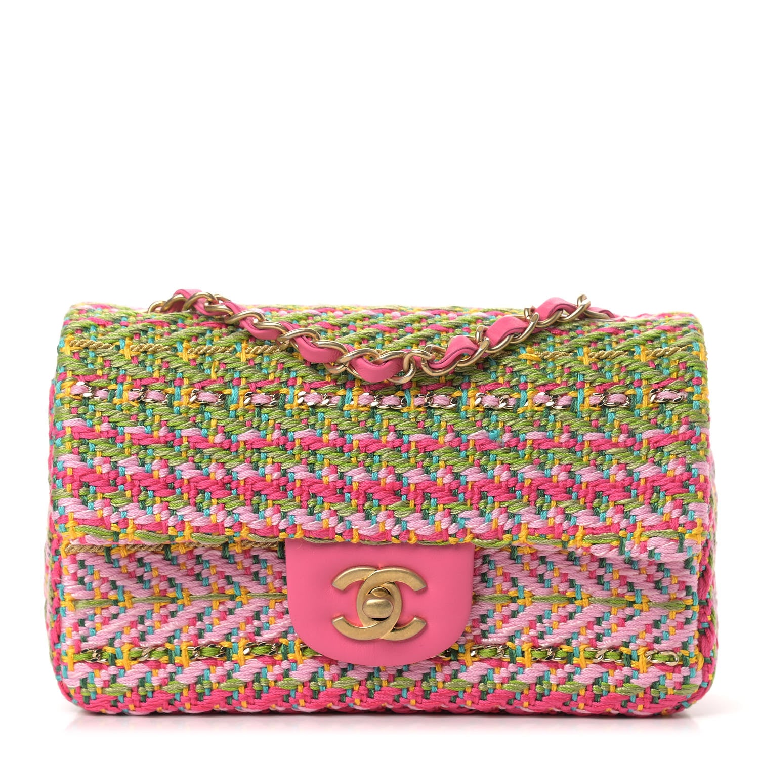Chanel Cotton Mixed Fibers Woven Mini Rectangular Flap Pink Green 1 of 9