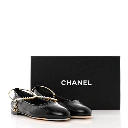 Chanel Patent Calfskin Cap Toe Ankle Chain Ballerina Flats 38 Black 9 of 9