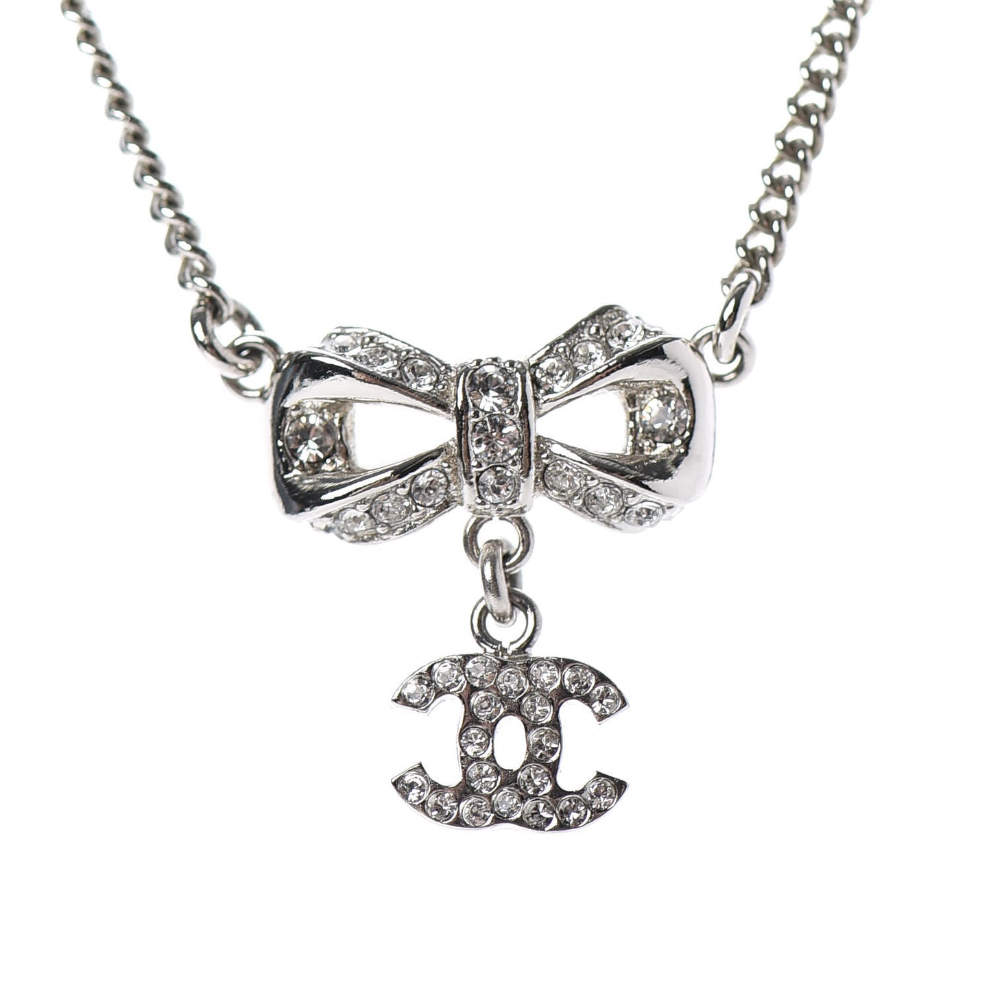 Crystal CC Bow Necklace Silver