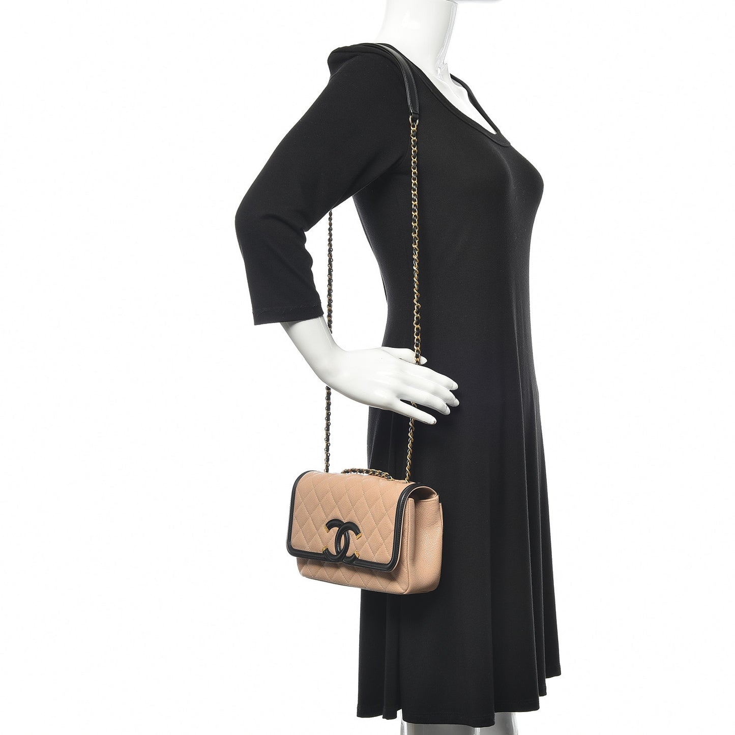 Caviar Quilted Small CC Filigree Flap Beige Black