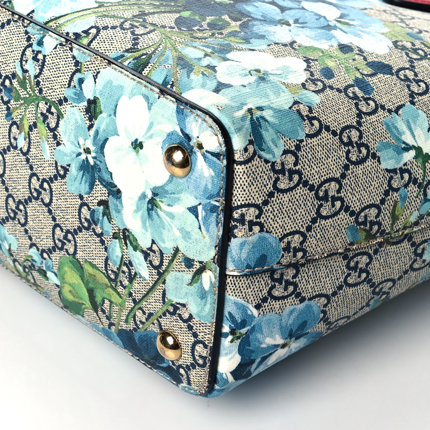 Gucci GG Supreme Monogram Blooms Medium Zippered Bucket Tote Beige Blue Navy Hibiscus Red 11 of 14