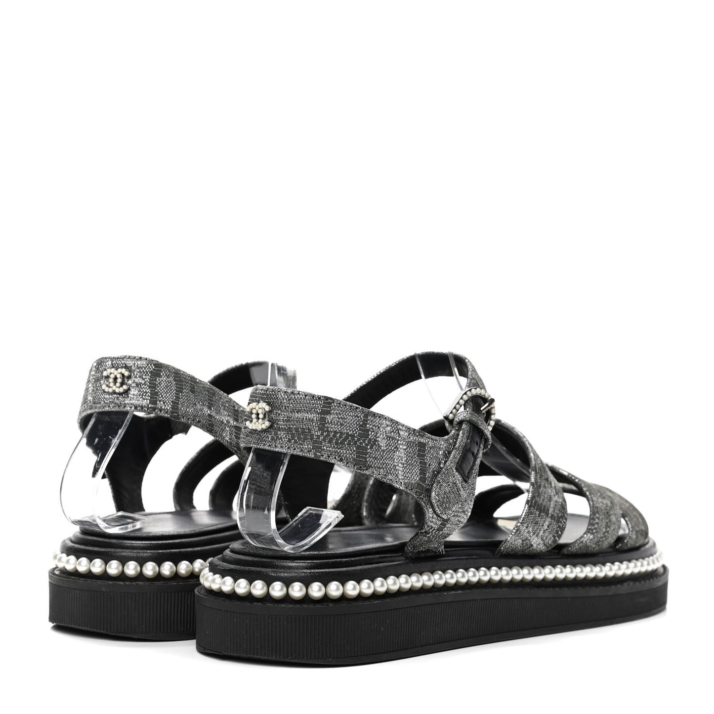 Tweed Grosgrain Pearl Platform Sandals 37.5 Black