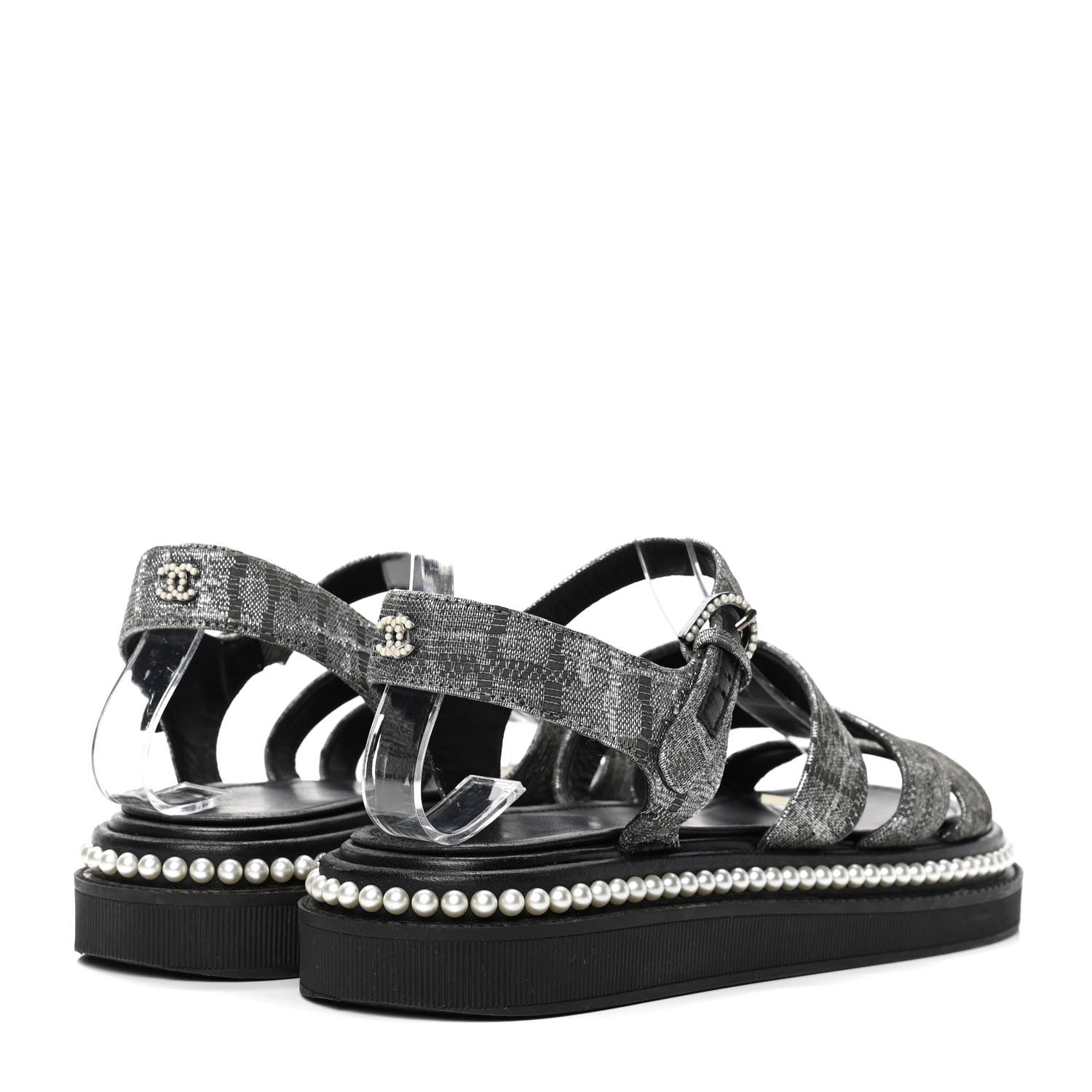 Chanel Tweed Grosgrain Pearl Platform Sandals 37.5 Black 3 of 4