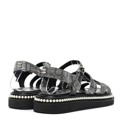 Chanel Tweed Grosgrain Pearl Platform Sandals 37.5 Black 3 of 4
