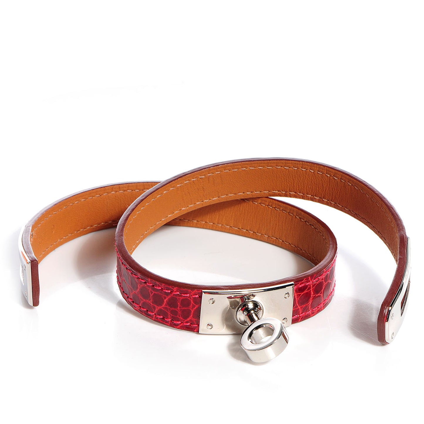 Shiny Alligator Kelly Double Tour Bracelet Small Rouge Vif