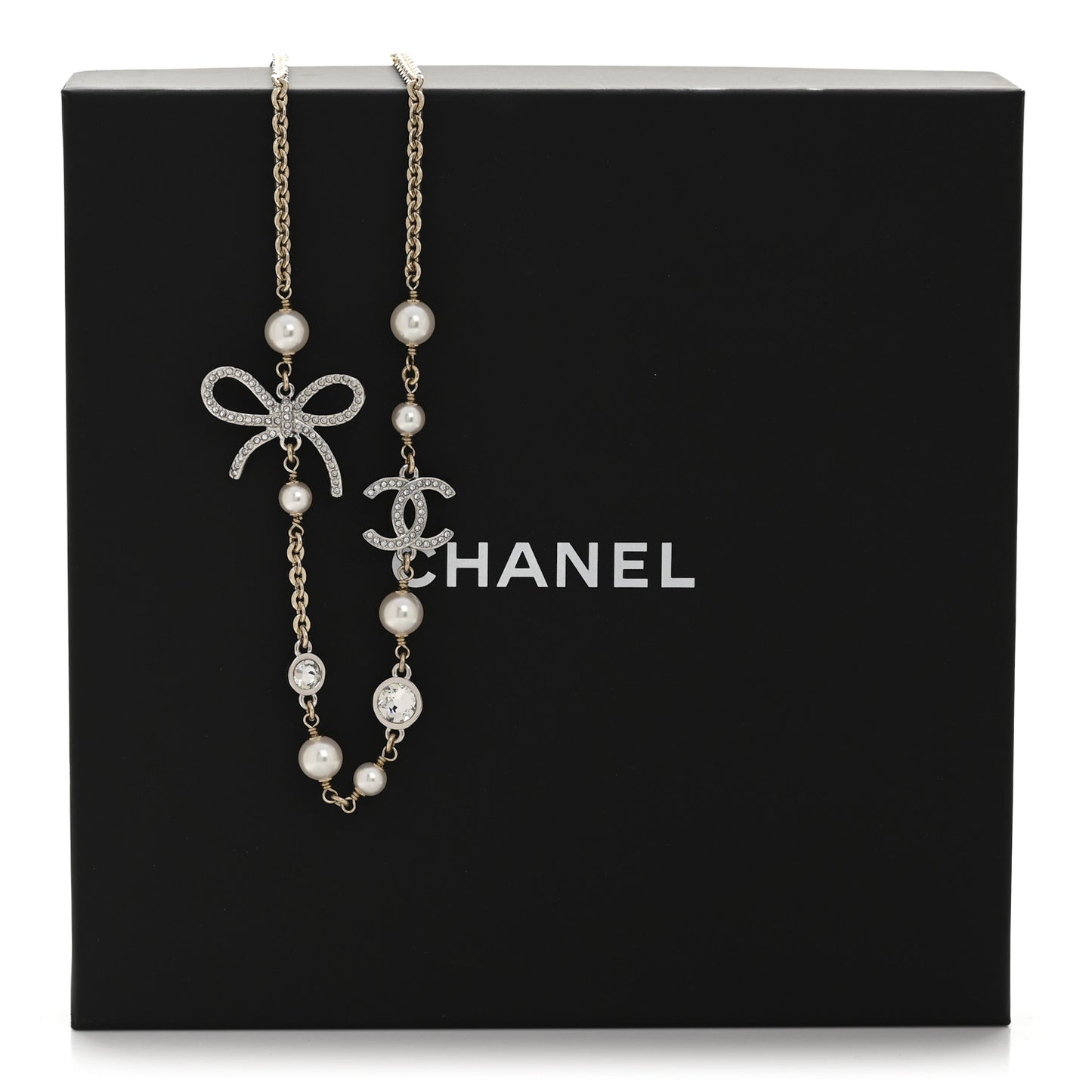 Pearl Crystal CC Bow Necklace Gold