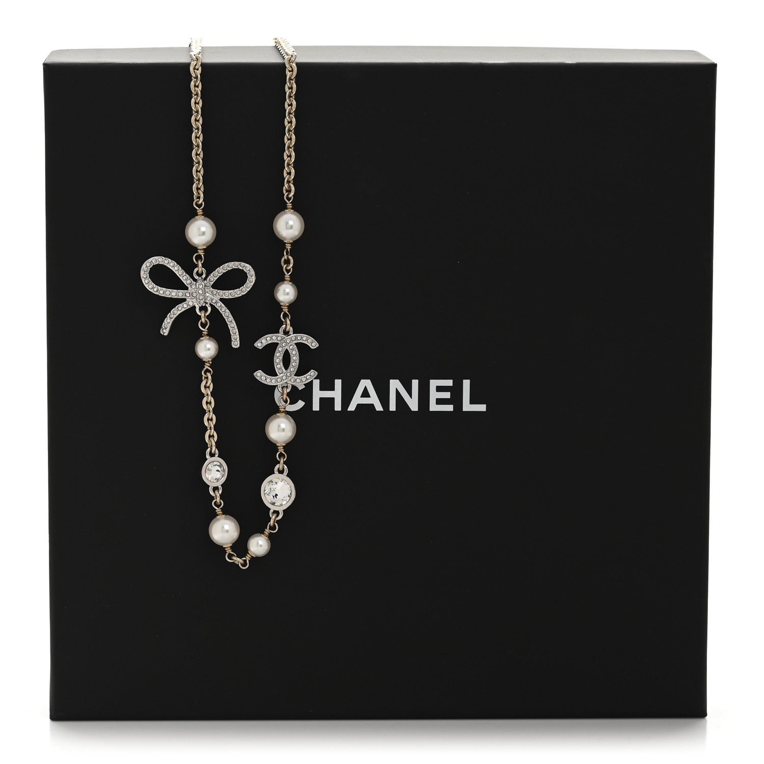 Chanel Pearl Crystal CC Bow Necklace Gold 6 of 6