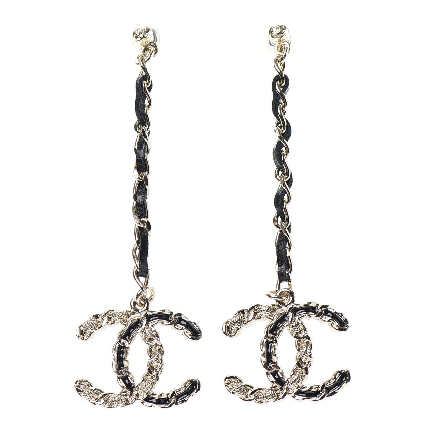 Chanel Lambskin Enamel Metal Chain French New Wave CC Drop Earrings Black Gold 1 of 3