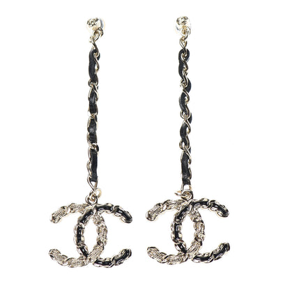 Chanel Lambskin Enamel Metal Chain French New Wave CC Drop Earrings Black Gold 1 of 3