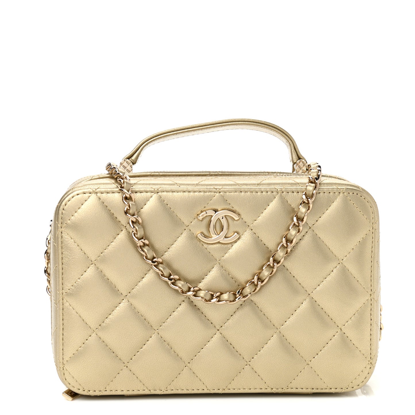 Metallic Lambskin Quilted Top Handle Vanity Case Gold