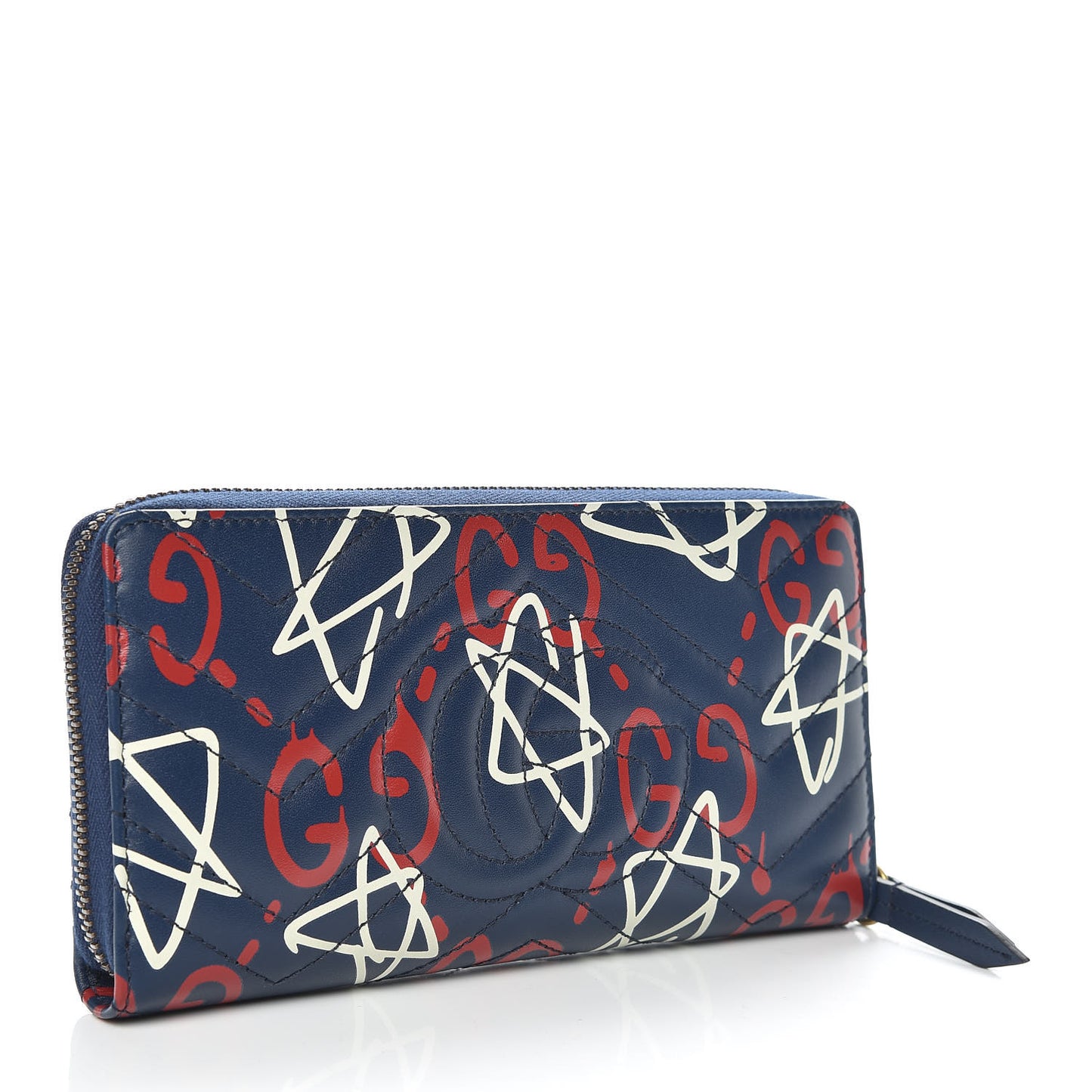 Calfskin Matelasse GucciGhost GG Marmont Zip Around Wallet Blue Agata Hibiscus Red