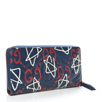 Gucci Calfskin Matelasse GucciGhost GG Marmont Zip Around Wallet Blue Agata Hibiscus Red 3 of 7