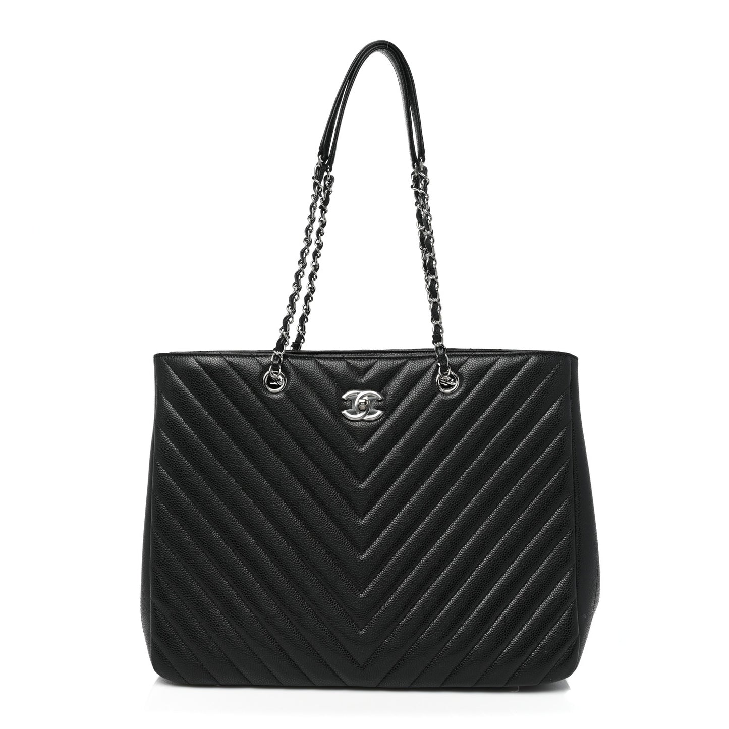 Caviar Chevron Quilted Large Shopping Tote Black