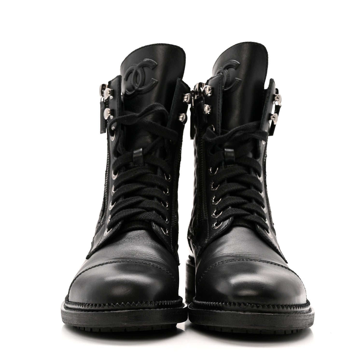 Chanel Calfskin Quilted Lace Up Combat Boots 36.5 Black 1826684