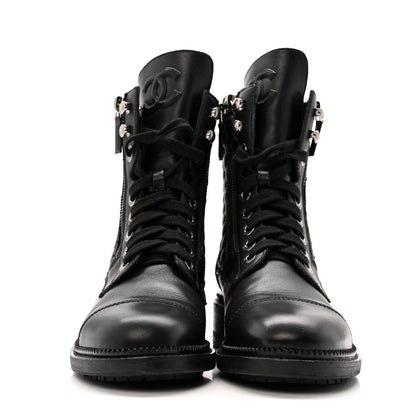 Chanel Calfskin Quilted Lace Up Combat Boots 36.5 Black 3 of 13