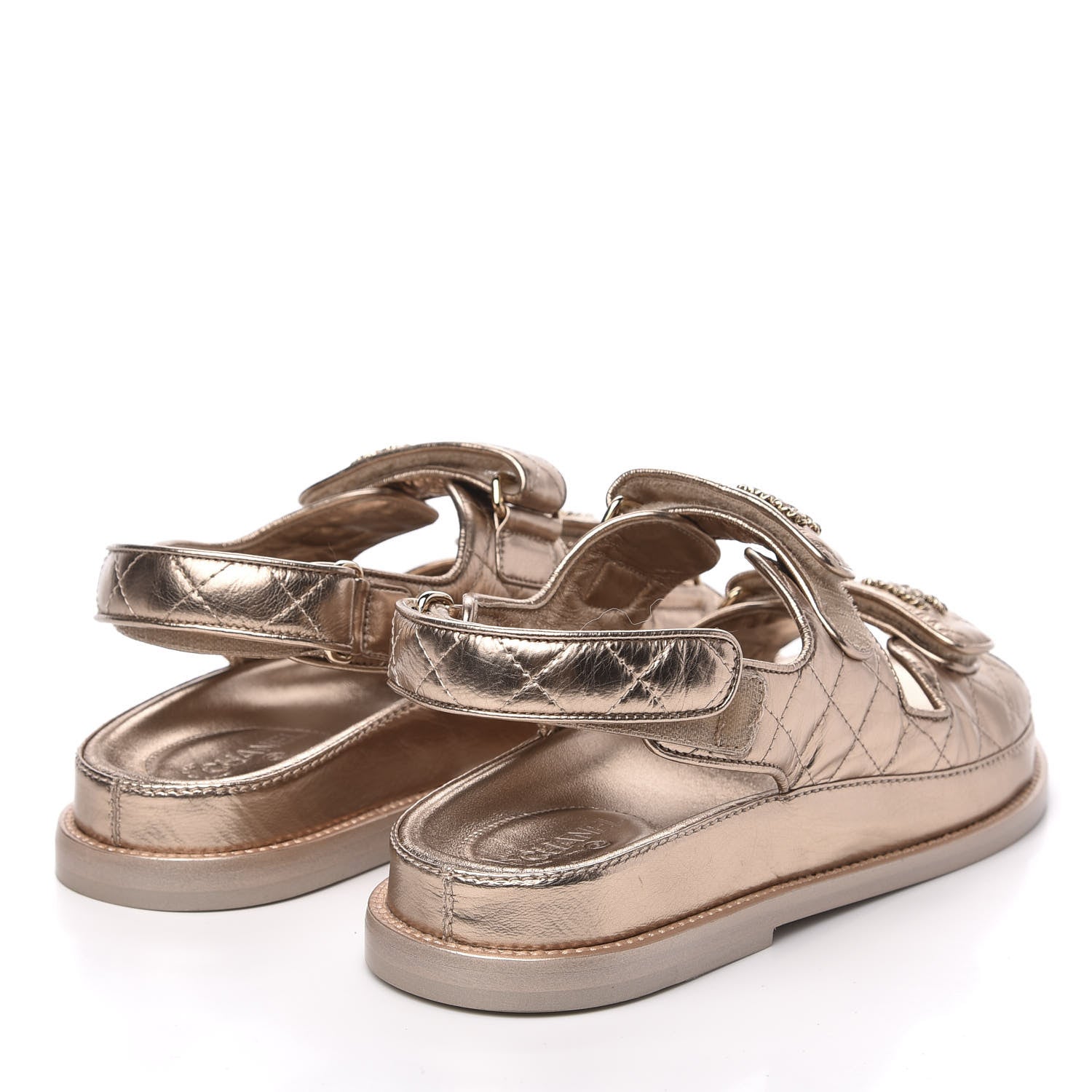 Chanel Iridescent Lambskin Quilted Velcro Dad Sandals 38 Light Bronze 4 of 9