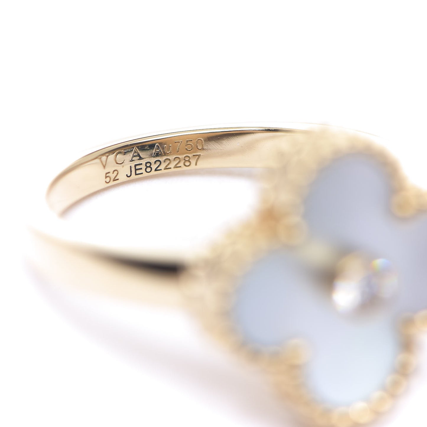 18K Yellow Gold Diamond Mother of Pearl Vintage Alhambra Ring 52 6