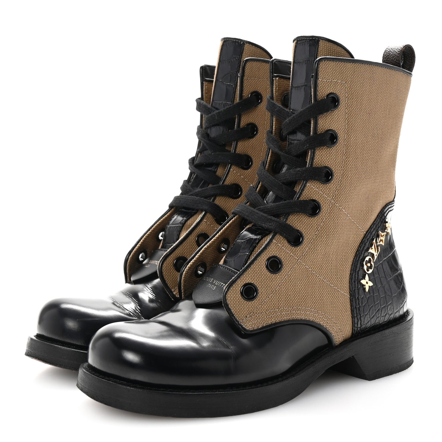 Canvas Calfskin Crocodile Embossed Metropolis Flat Ranger Boots 37 Kaki