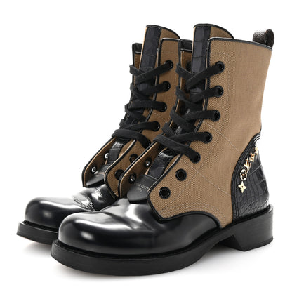 Louis Vuitton Canvas Calfskin Crocodile Embossed Metropolis Flat Ranger Boots 37 Kaki 4 of 10