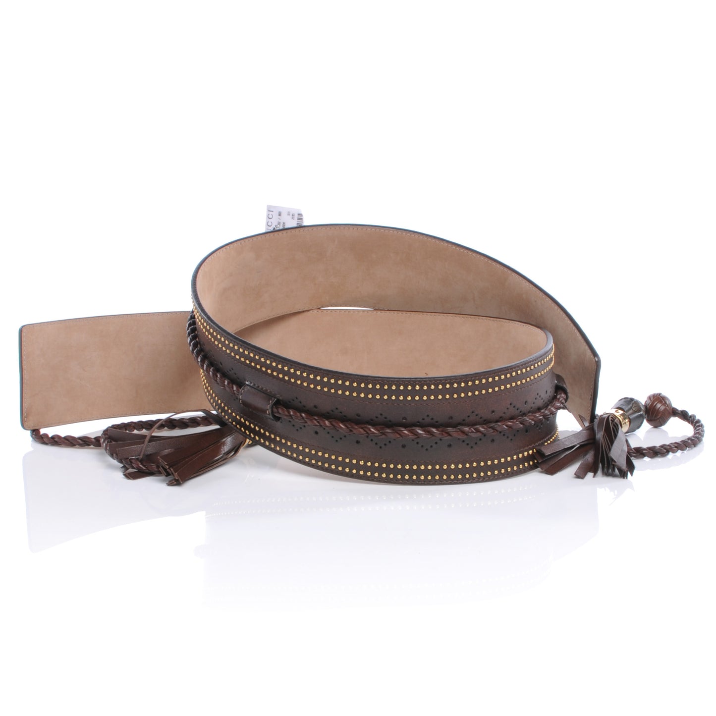 Leather Diamante Tassel and Dark Bamboo Detail Belt Brown 90 36