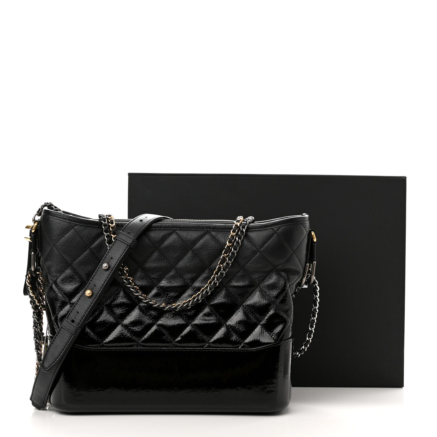Patent Goatskin Quilted Medium Gabrielle Hobo Black