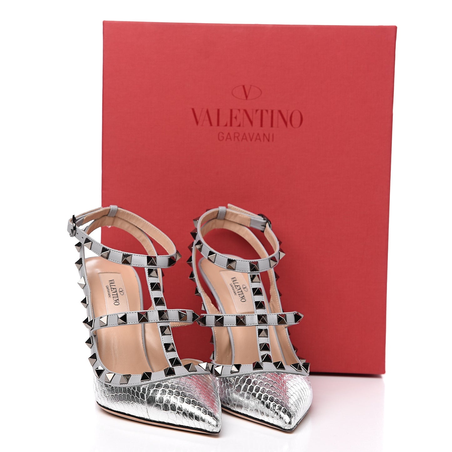 Metallic Watersnake Rockstud Ankle Strap 100mm Pumps 37 Silver Pastel Grey