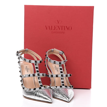 Valentino Garavani Metallic Watersnake Rockstud Ankle Strap 100mm Pumps 37 Silver Pastel Grey 9 of 9