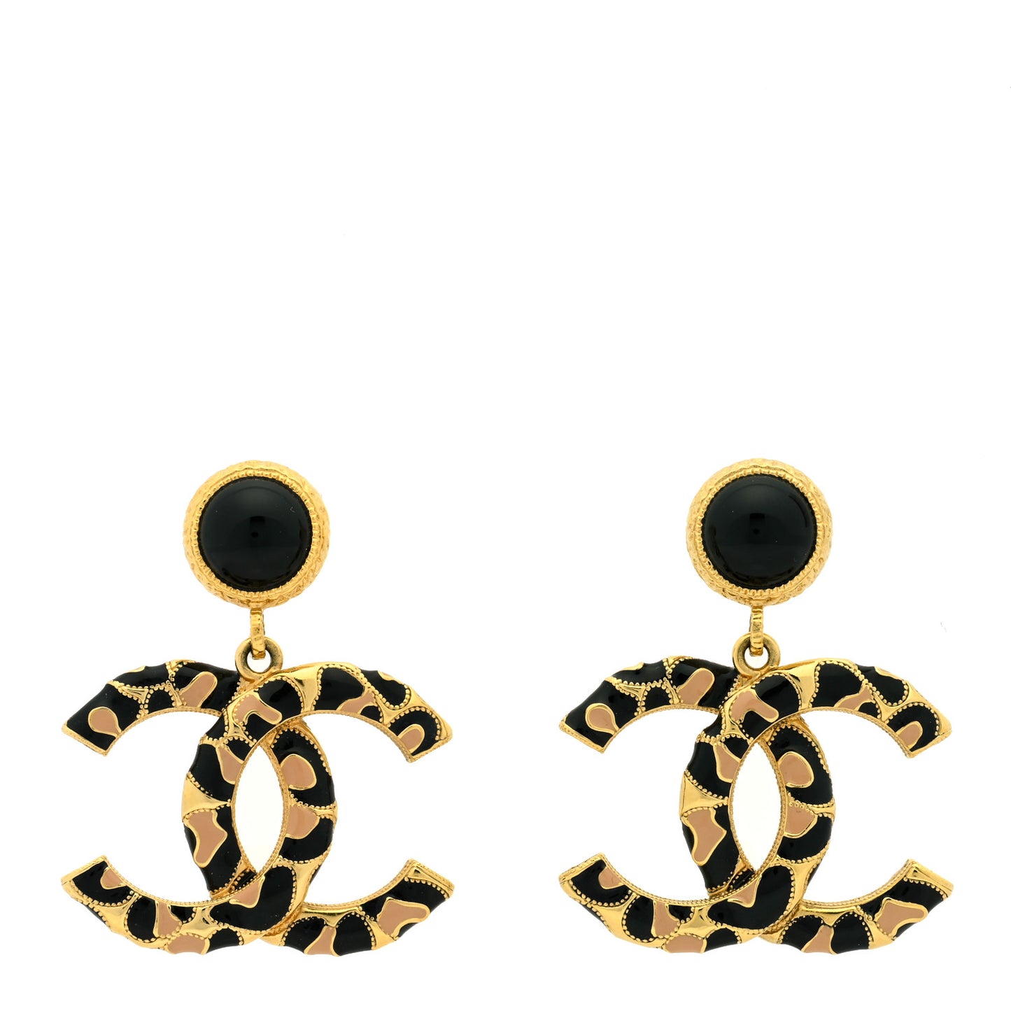 Metal Leopard Print CC Earrings Gold Black Beige