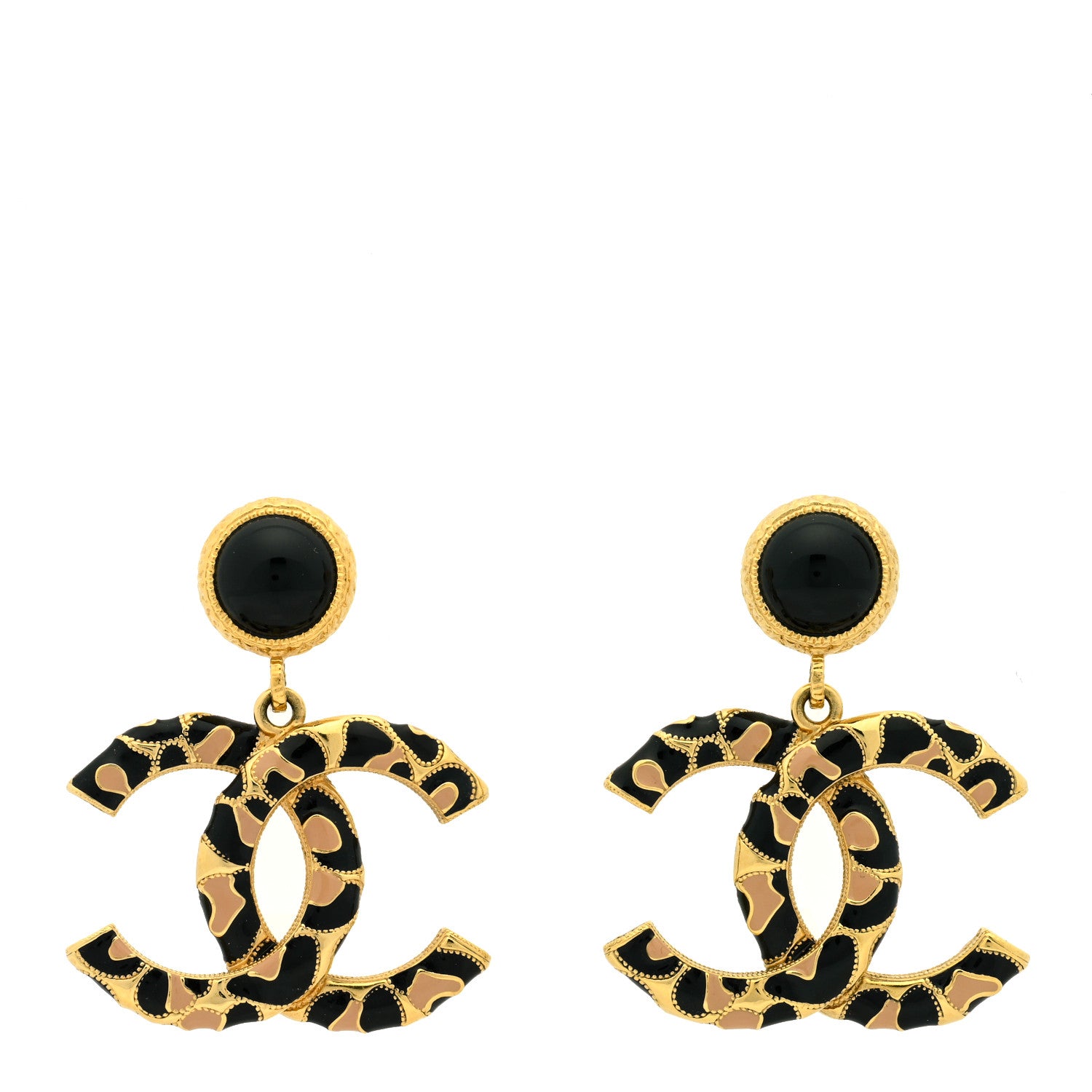 Chanel Metal Leopard Print CC Earrings Gold Black Beige 1 of 4