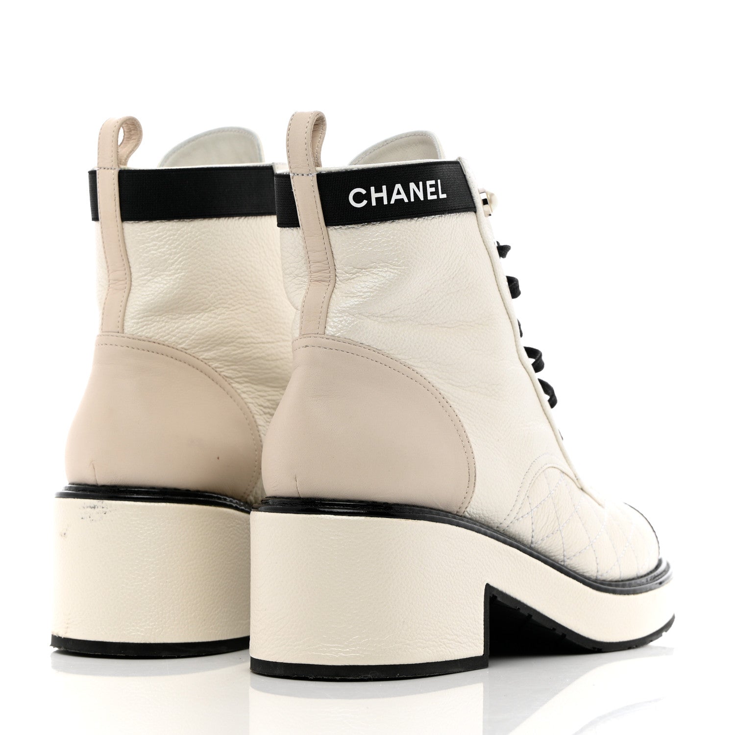 Chanel Pearly Calfskin Patent Calfskin Quilted Lace Up Boots 38.5 White Light Gray Black 4 of 18