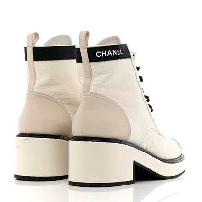 Chanel Pearly Calfskin Patent Calfskin Quilted Lace Up Boots 38.5 White Light Gray Black 4 of 18